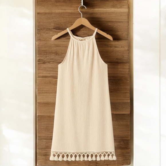 πBoho Chic Cream Halter Tassel Mini Dress | Relaxed Fit Plus Size Summer Dress - Picture 12 of 12